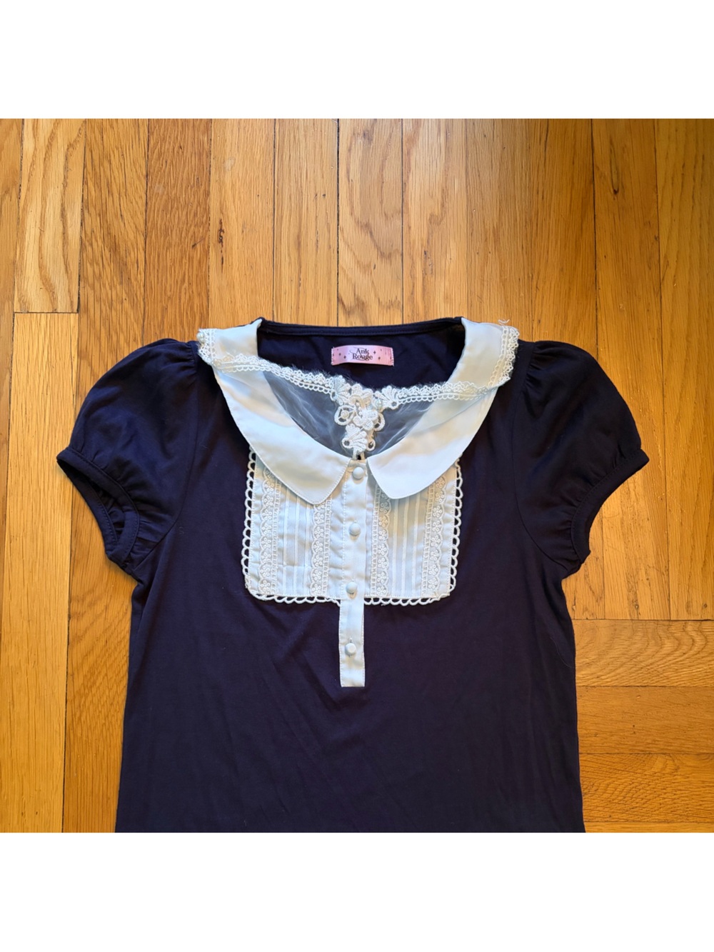 Navy Short-Sleeve Blouse with White Lace Bib Collar